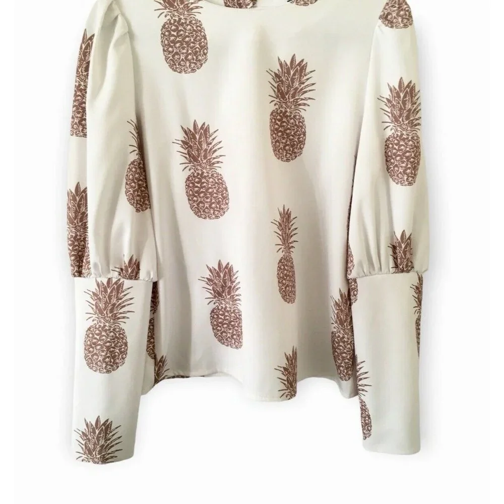 NWT CBR Chic Boutique Rose Pineapple Print BOHO Classic Couture Blouse Top - Picture 5 of 13